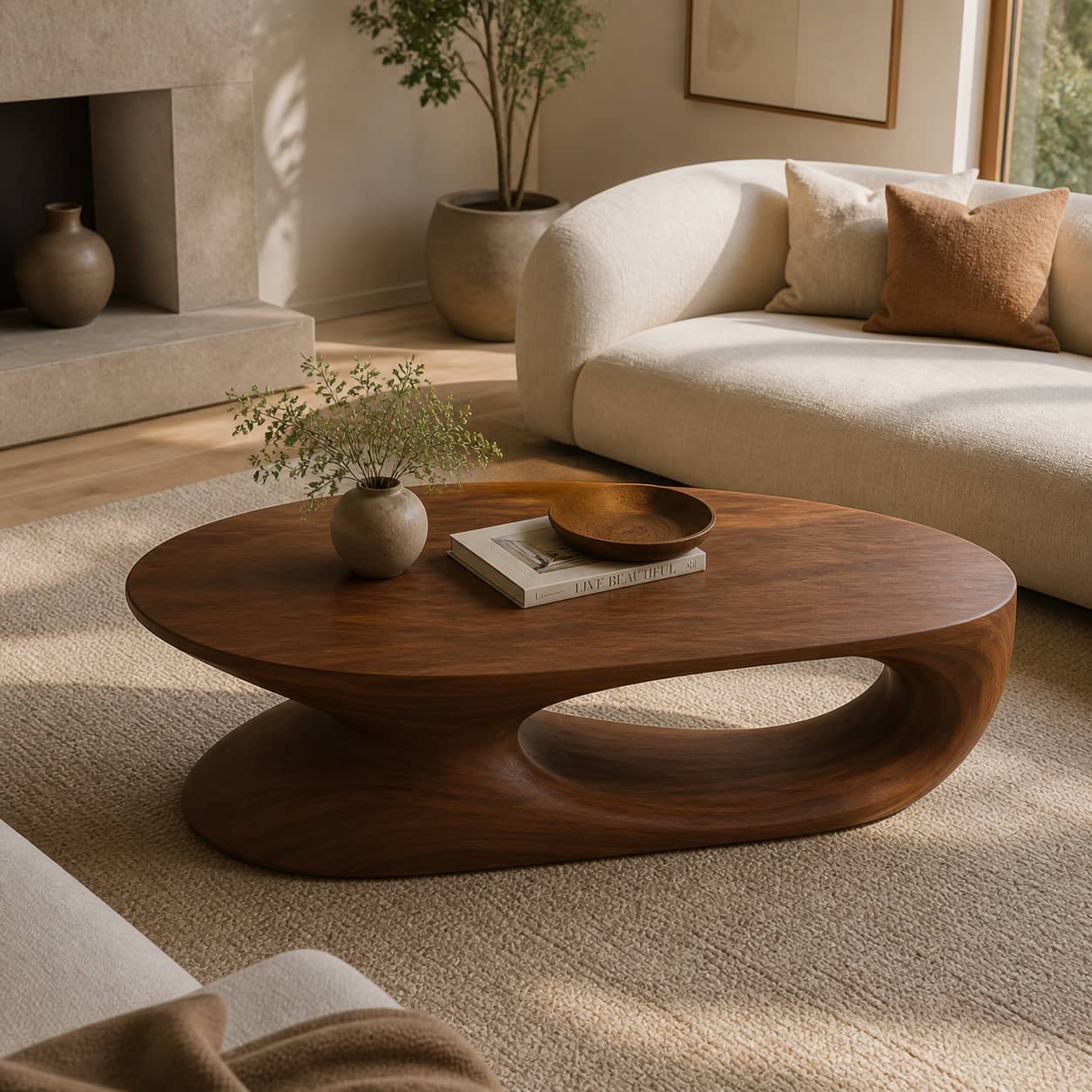 Elora Pebble-Shaped Solid Wood Coffee Table For Living Room