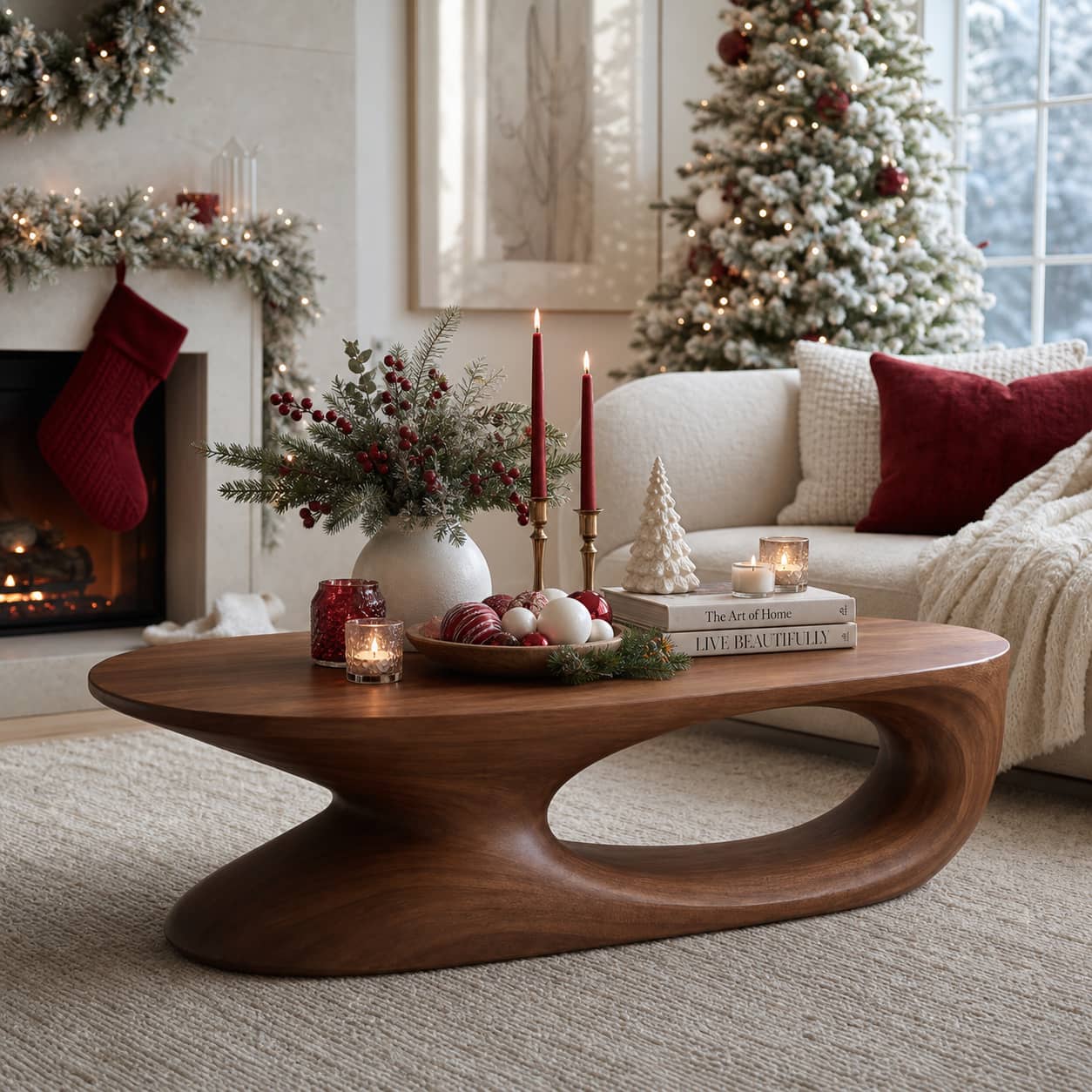 Elora Pebble-Shaped Solid Wood Coffee Table For Living Room