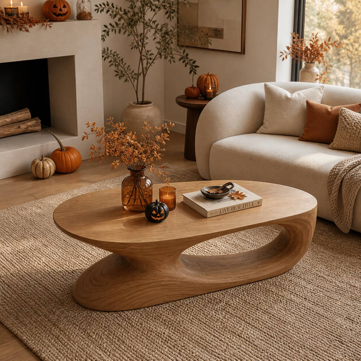 Elora Pebble-Shaped Solid Wood Coffee Table For Living Room