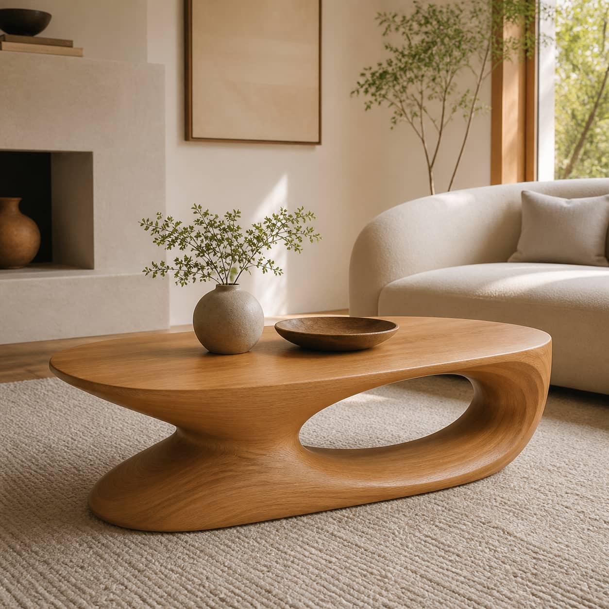 Elora Pebble-Shaped Solid Wood Coffee Table For Living Room