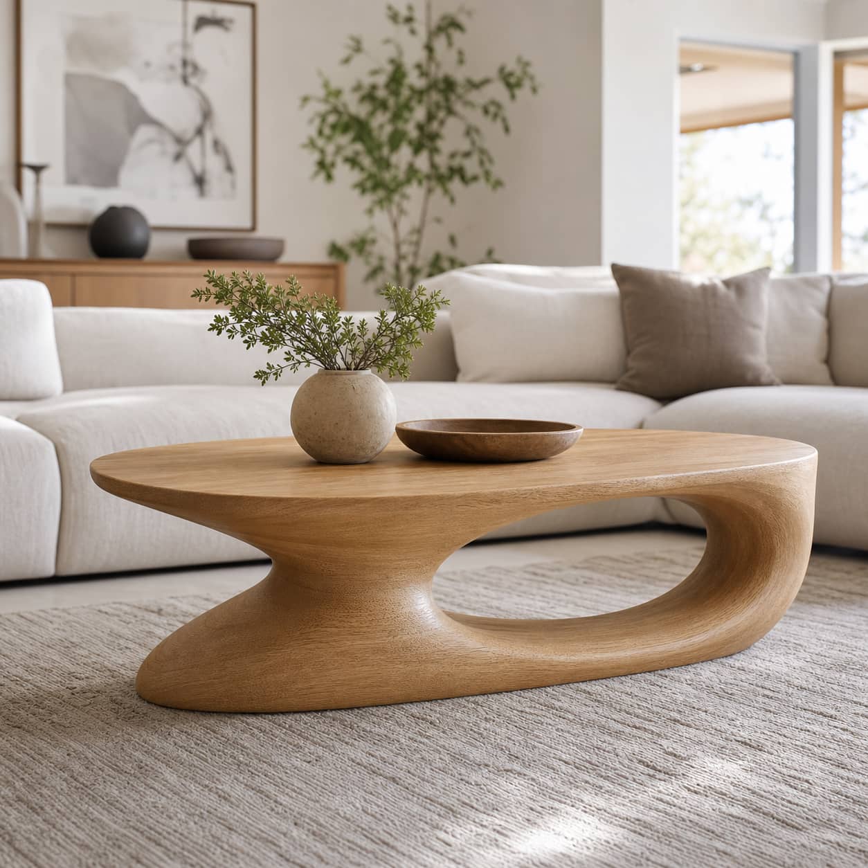 Elora Pebble-Shaped Solid Wood Coffee Table For Living Room