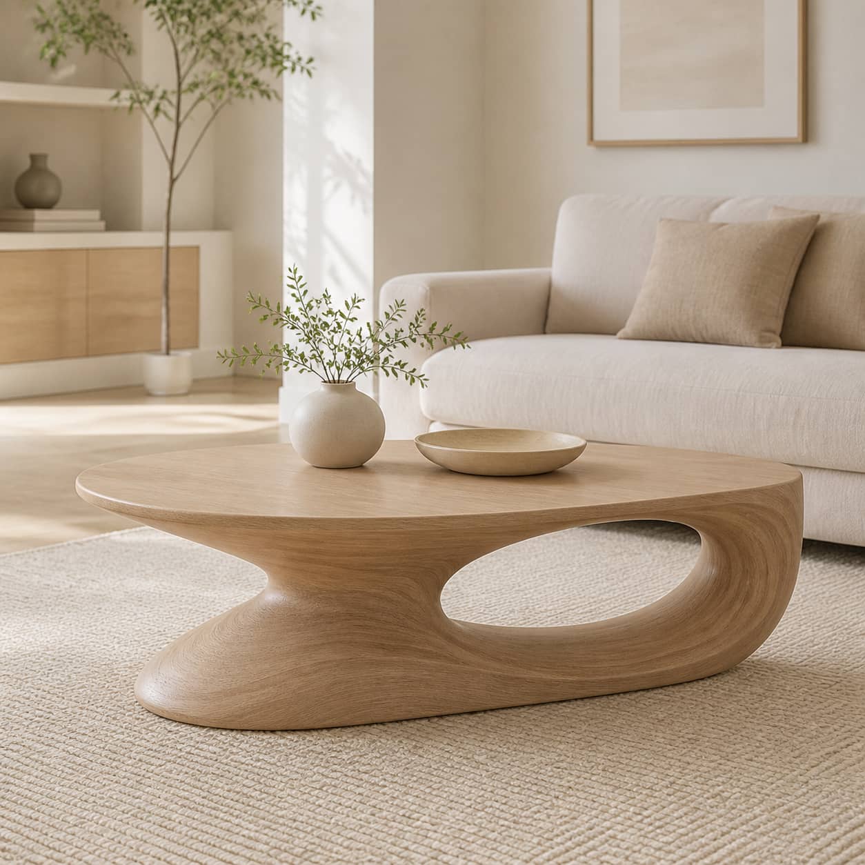 Elora Pebble-Shaped Solid Wood Coffee Table For Living Room