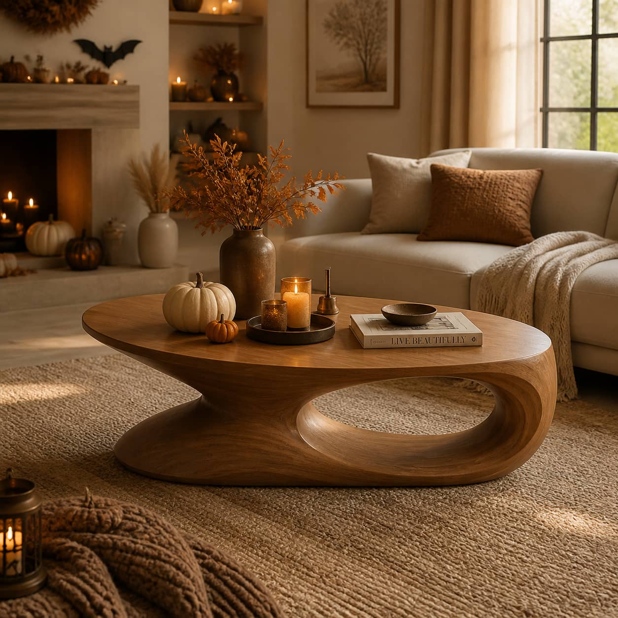 Elora Pebble-Shaped Solid Wood Coffee Table For Living Room
