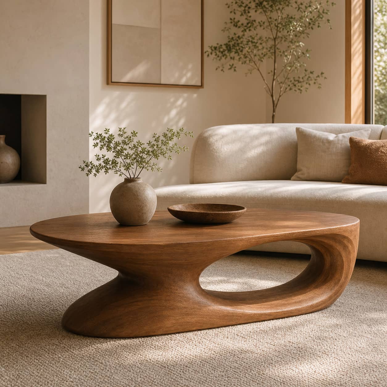 Elora Pebble-Shaped Solid Wood Coffee Table For Living Room