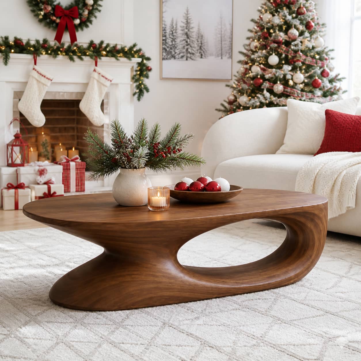 Elora Pebble-Shaped Solid Wood Coffee Table For Living Room