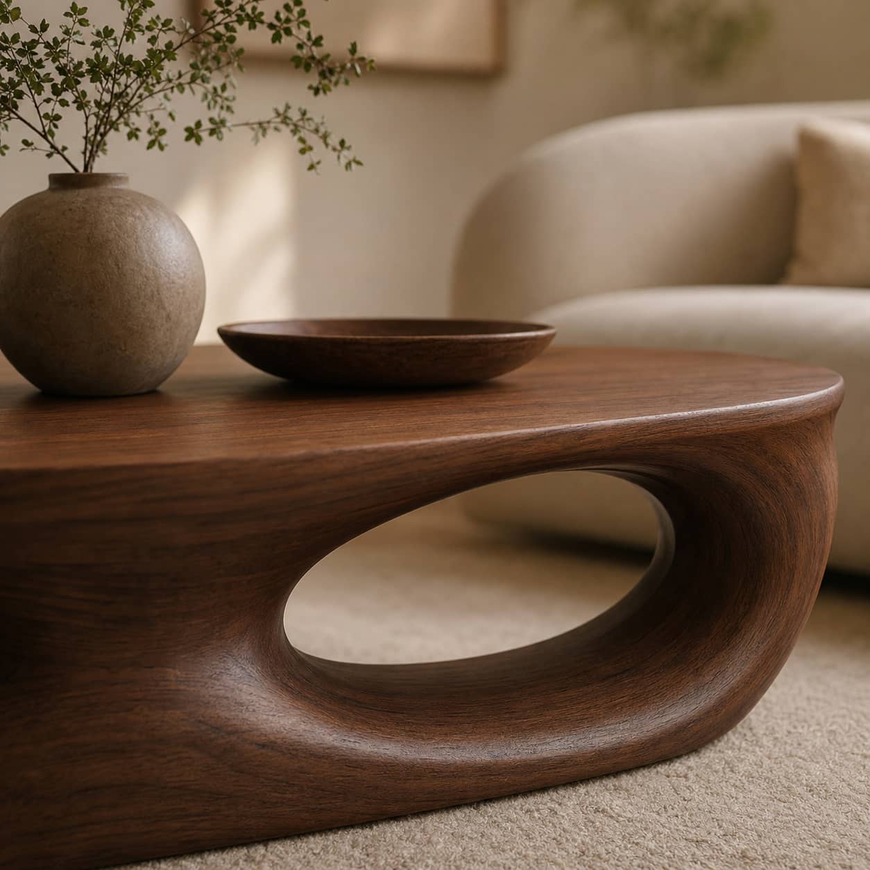 Elora Pebble-Shaped Solid Wood Coffee Table For Living Room