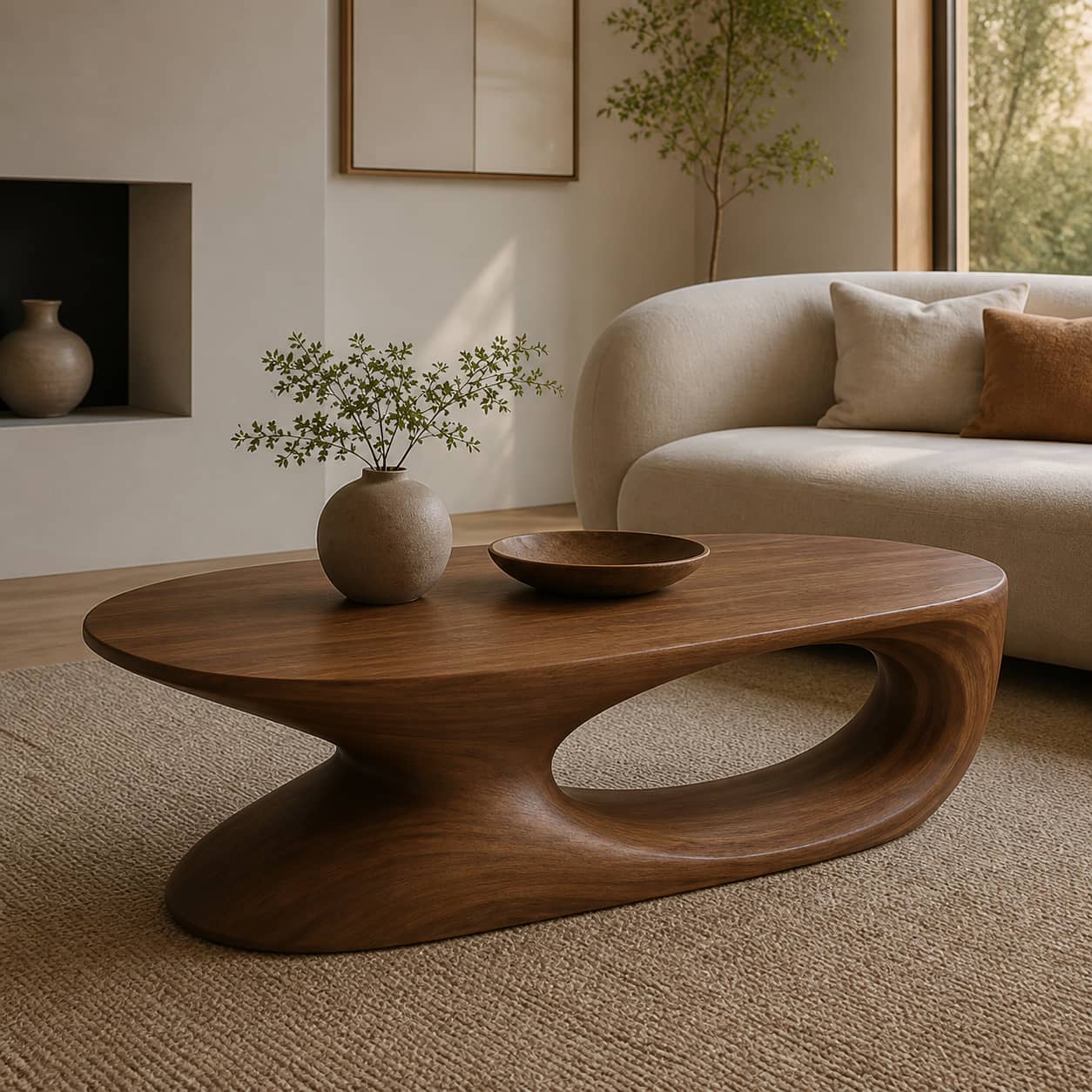 Elora Pebble-Shaped Solid Wood Coffee Table For Living Room
