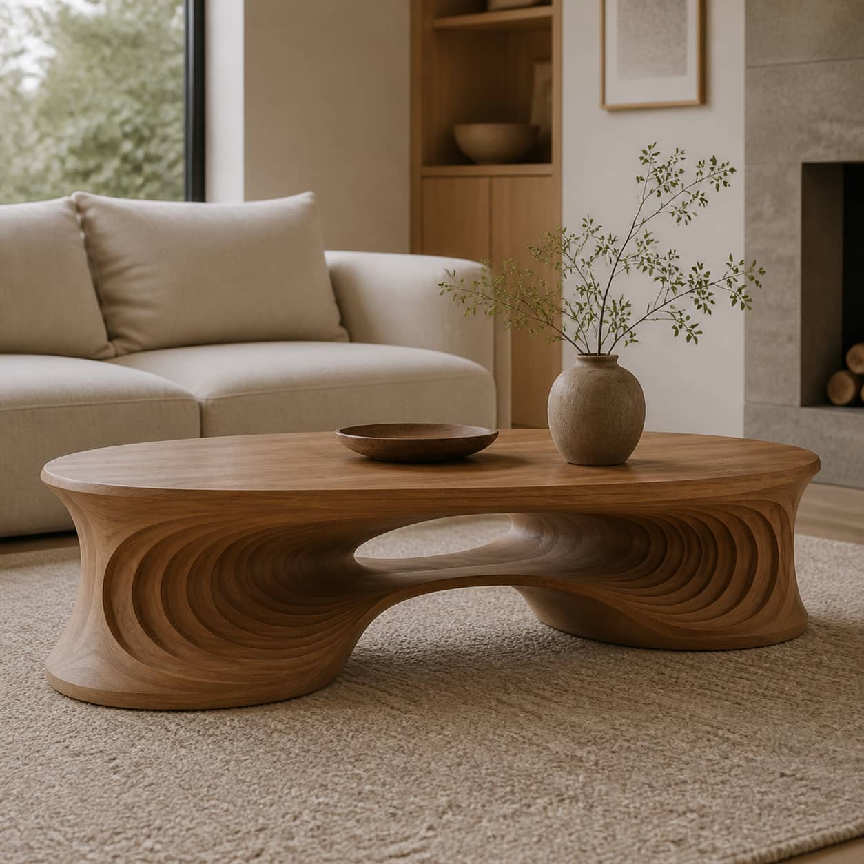 Faelan Ripple-Carved Base Solid Wood Coffee Table For Living Room