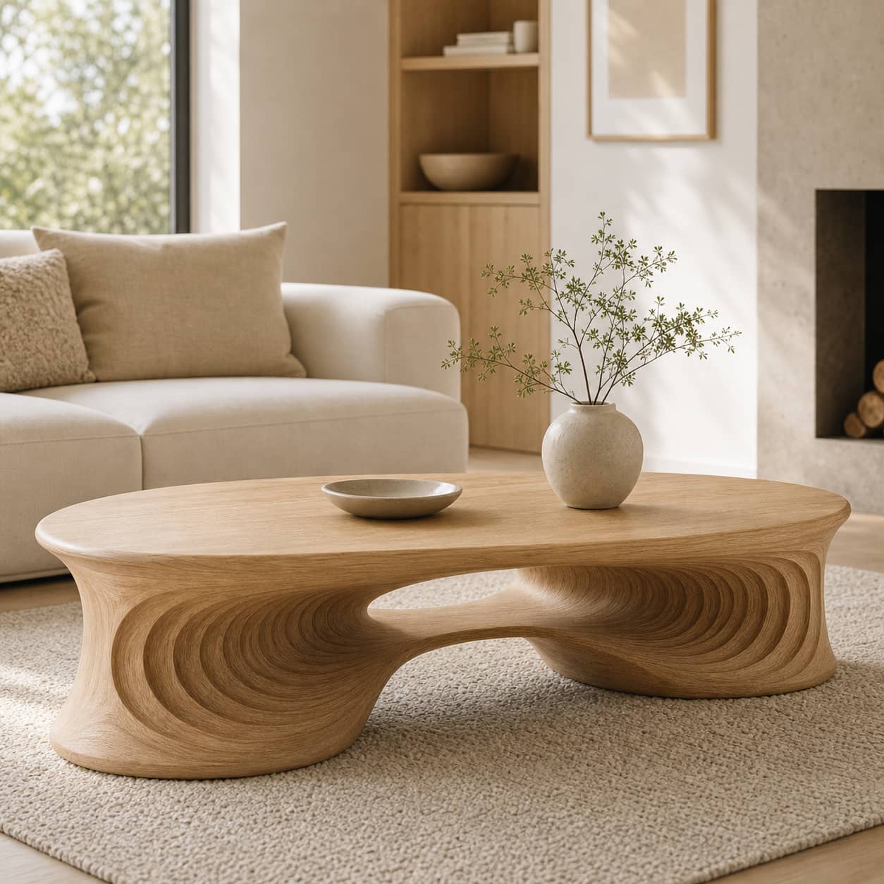 Faelan Ripple-Carved Base Solid Wood Coffee Table For Living Room