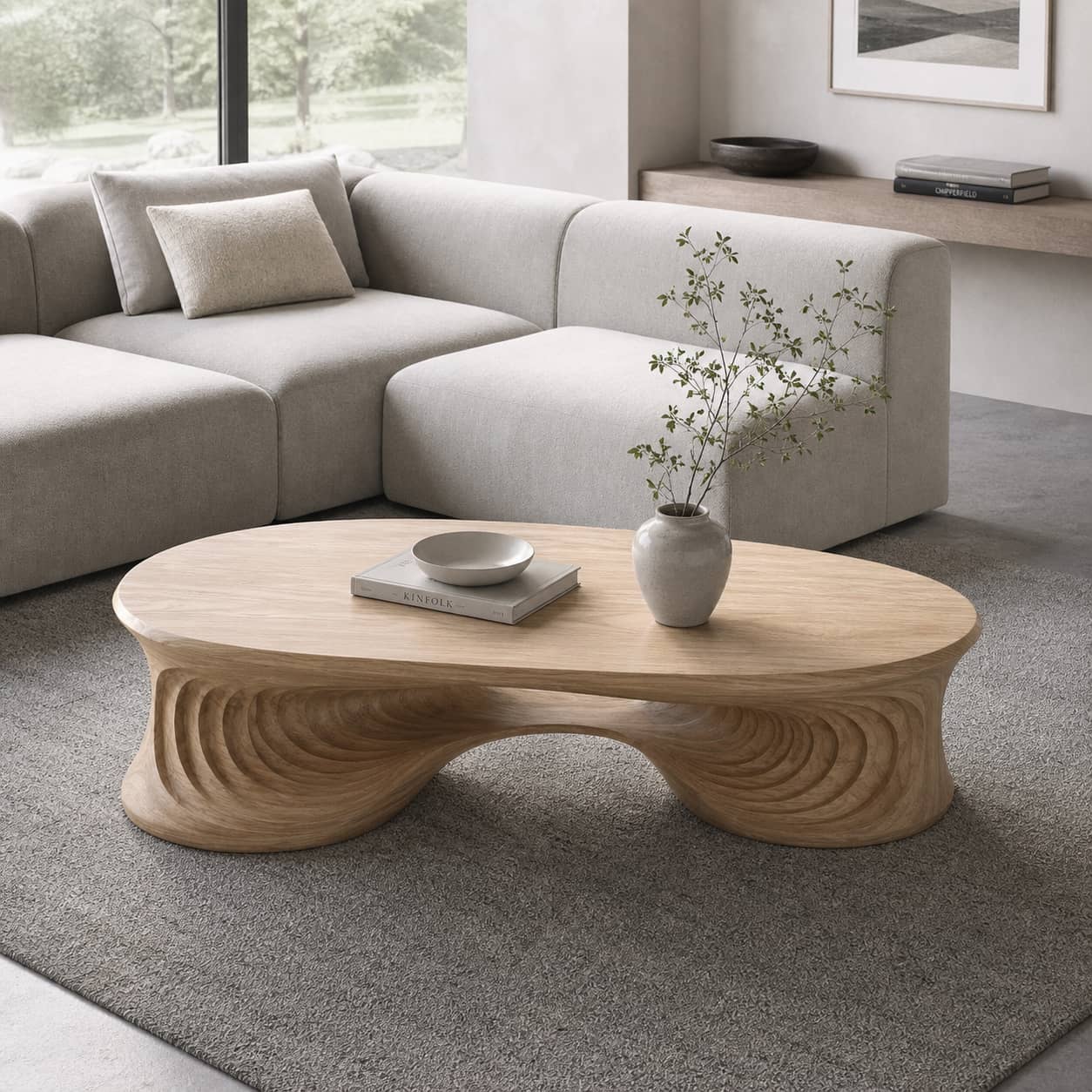 Faelan Ripple-Carved Base Solid Wood Coffee Table For Living Room