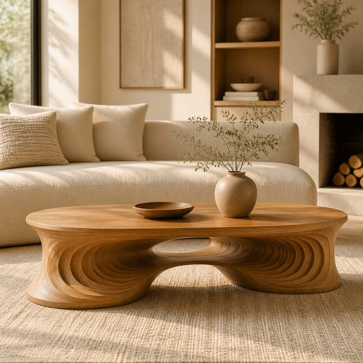 Faelan Ripple-Carved Base Solid Wood Coffee Table For Living Room