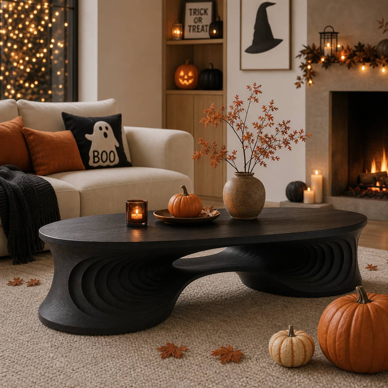 Faelan Ripple-Carved Base Solid Wood Coffee Table For Living Room