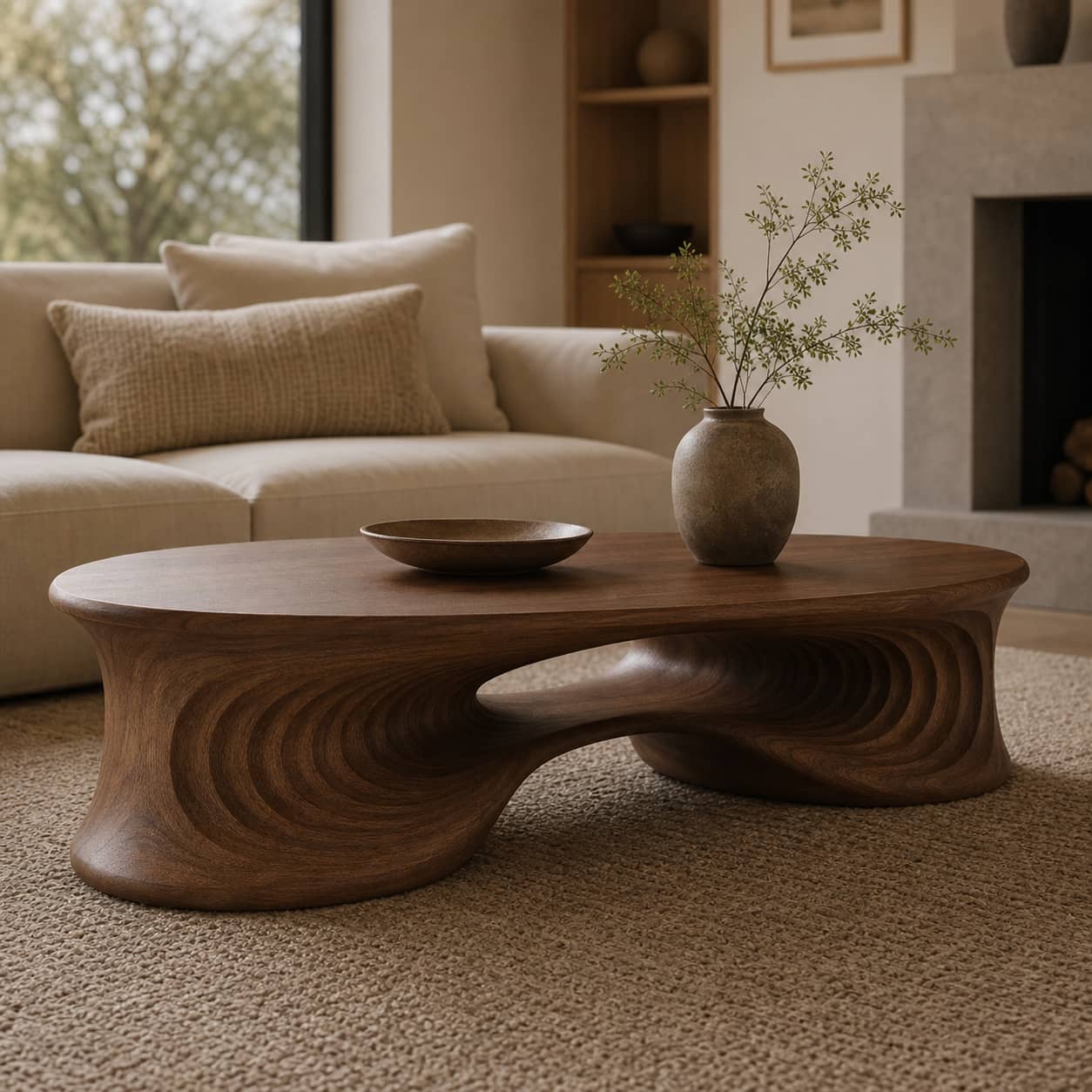 Faelan Ripple-Carved Base Solid Wood Coffee Table For Living Room
