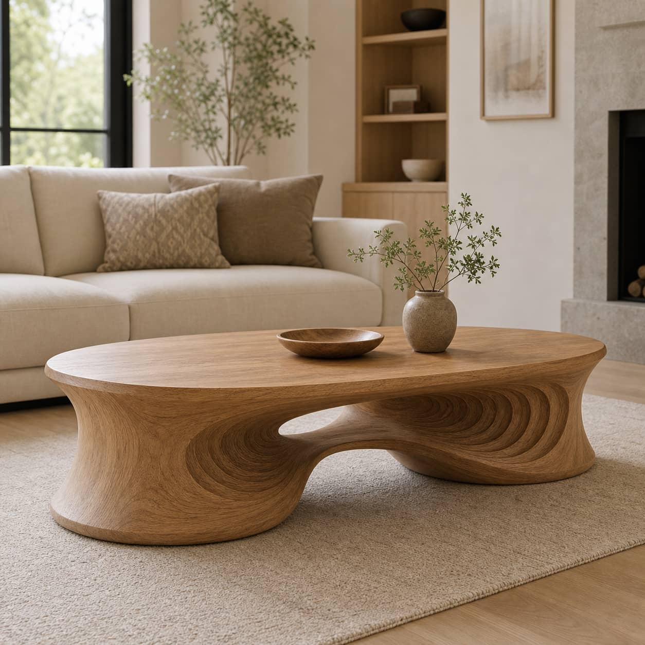 Faelan Ripple-Carved Base Solid Wood Coffee Table For Living Room