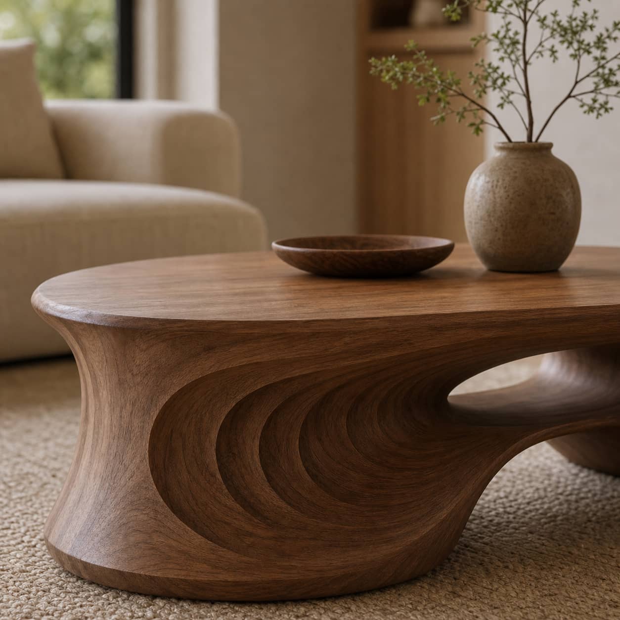 Faelan Ripple-Carved Base Solid Wood Coffee Table For Living Room