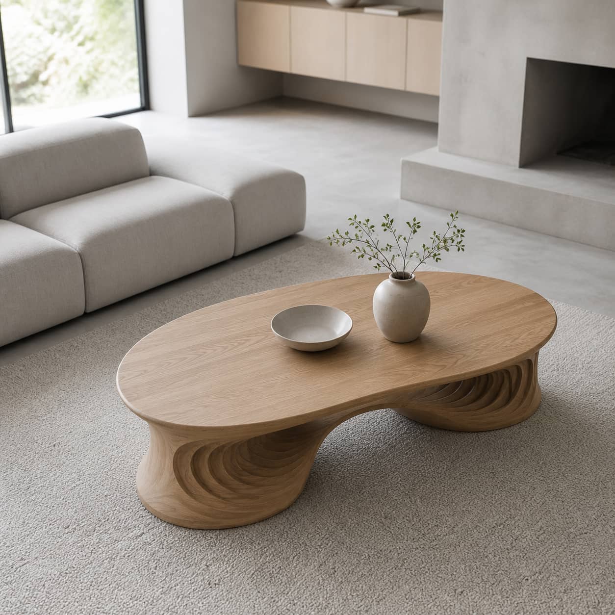 Faelan Ripple-Carved Base Solid Wood Coffee Table For Living Room