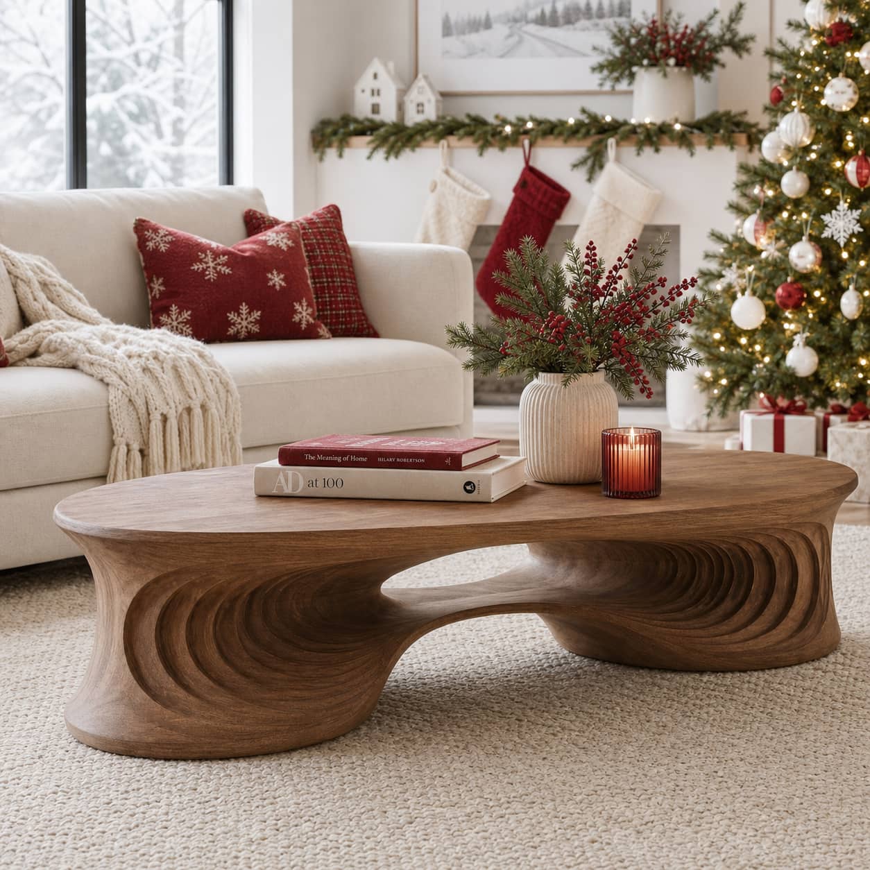 Faelan Ripple-Carved Base Solid Wood Coffee Table For Living Room