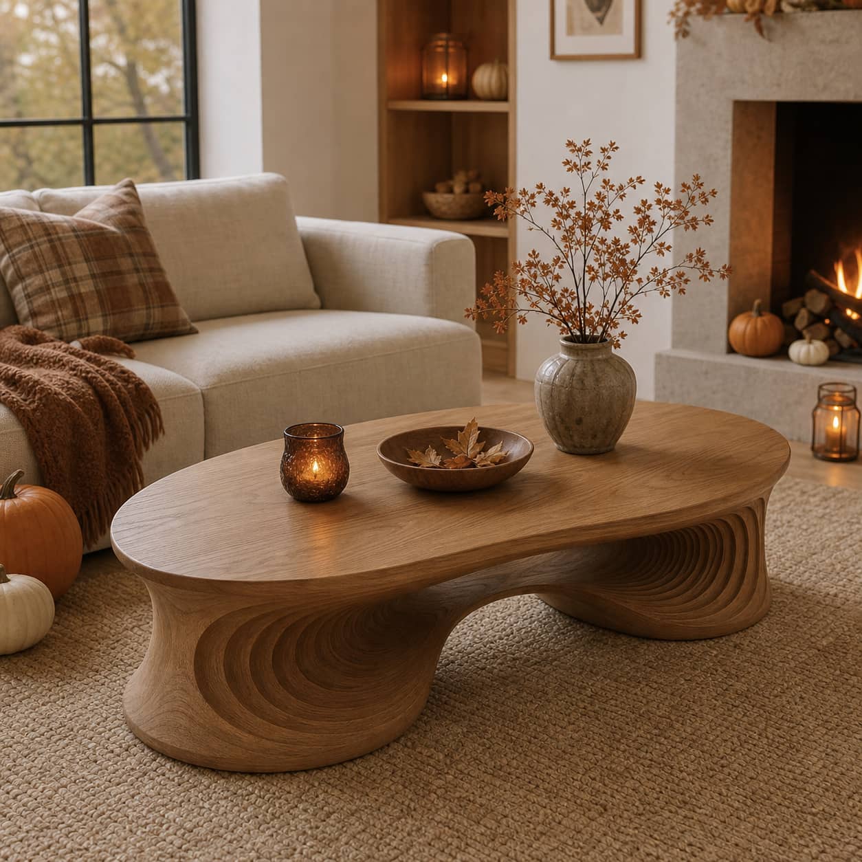 Faelan Ripple-Carved Base Solid Wood Coffee Table For Living Room