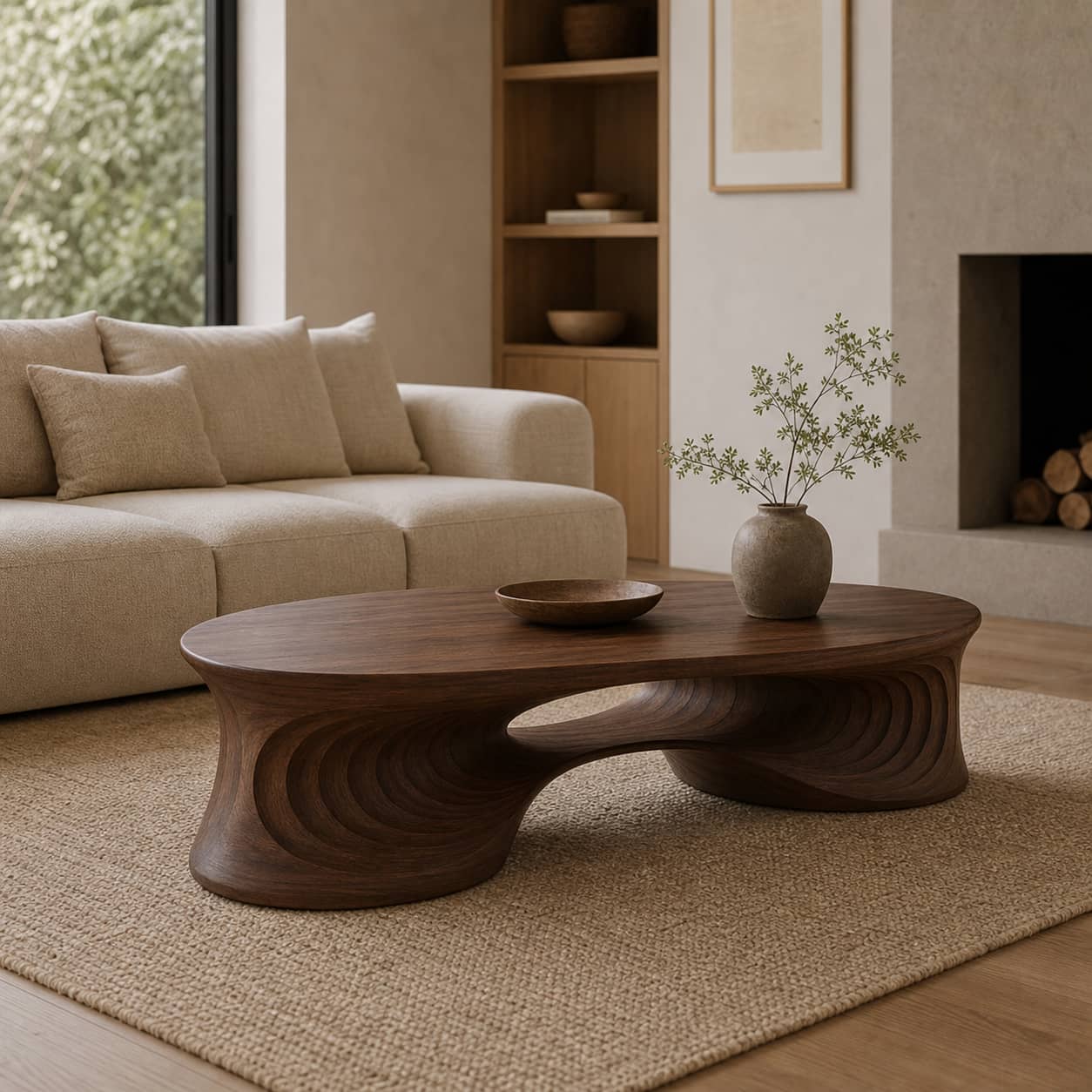 Faelan Ripple-Carved Base Solid Wood Coffee Table For Living Room