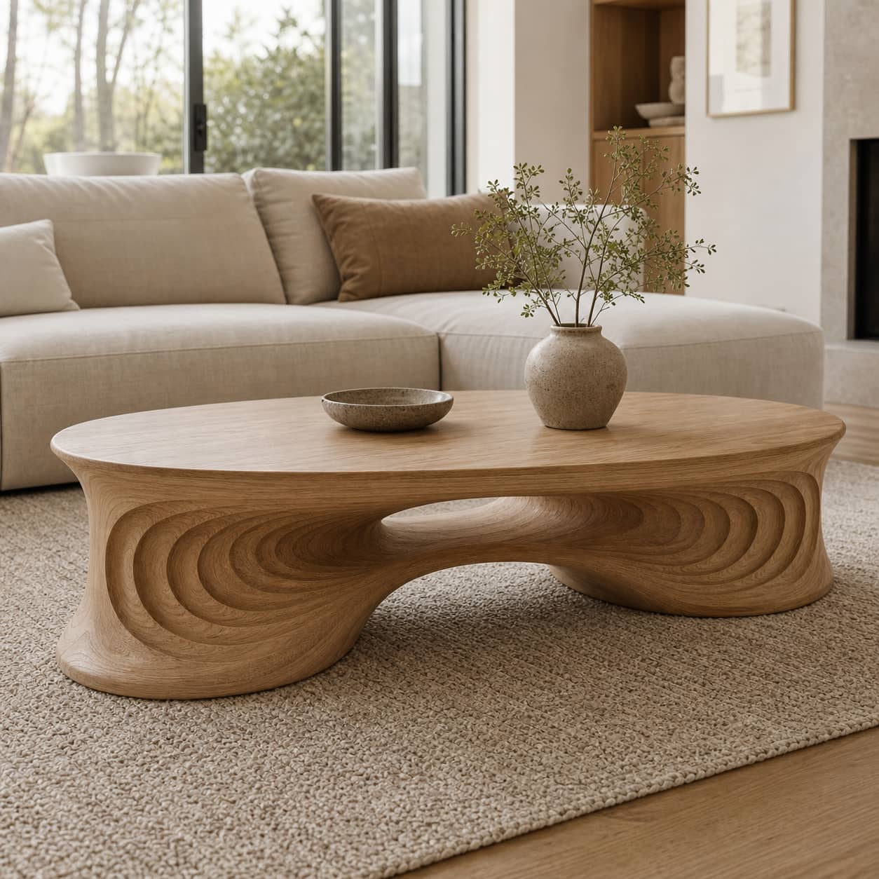 Faelan Ripple-Carved Base Solid Wood Coffee Table For Living Room