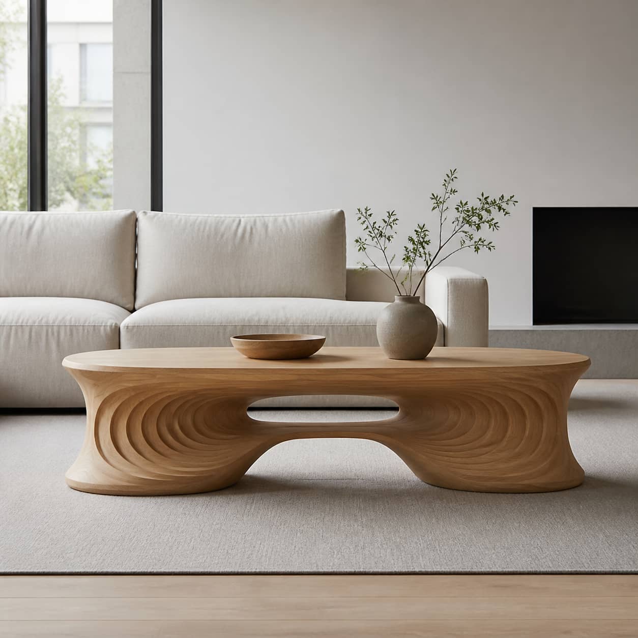 Faelan Ripple-Carved Base Solid Wood Coffee Table For Living Room