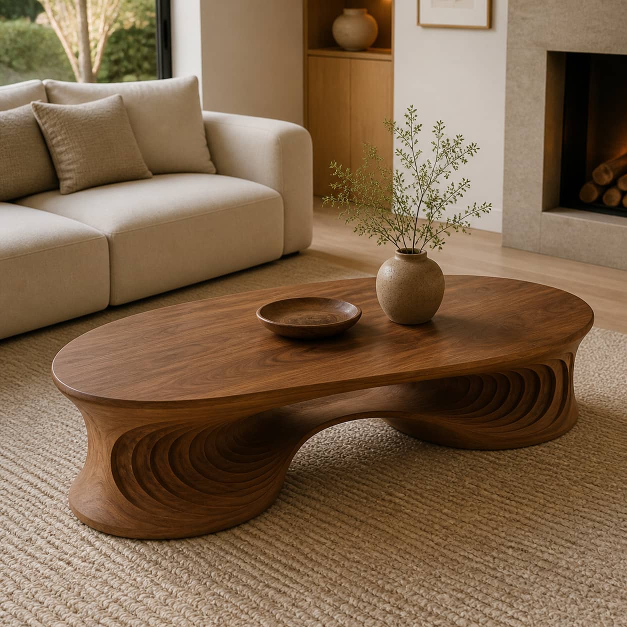 Faelan Ripple-Carved Base Solid Wood Coffee Table For Living Room