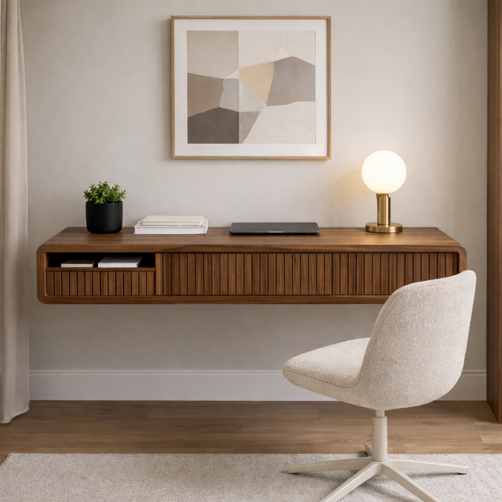 Floating Wall Mounted Wood Desk With Fluted Drawer Front
