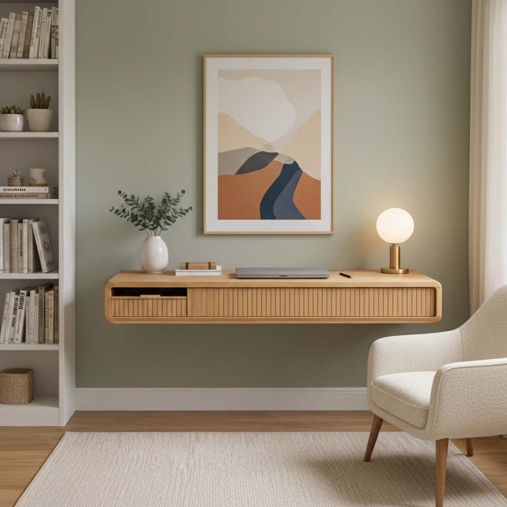 Fluvera Floating Solid Wood Wall Desk For Home Office