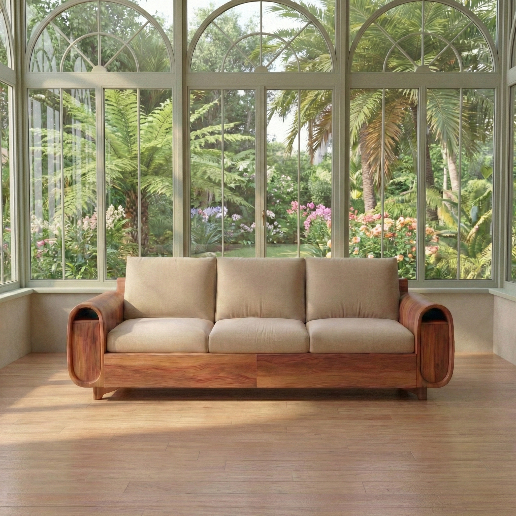 Handcrafted Solid Wood Sofa, Modern Curved Arm Frame Couch