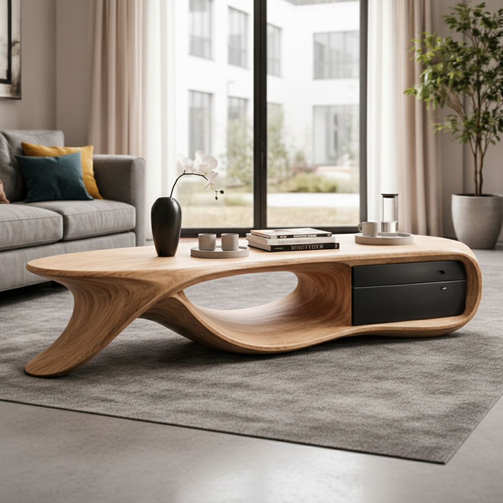 Curved Design Coffee Table With Storage Drawer for Home Office
