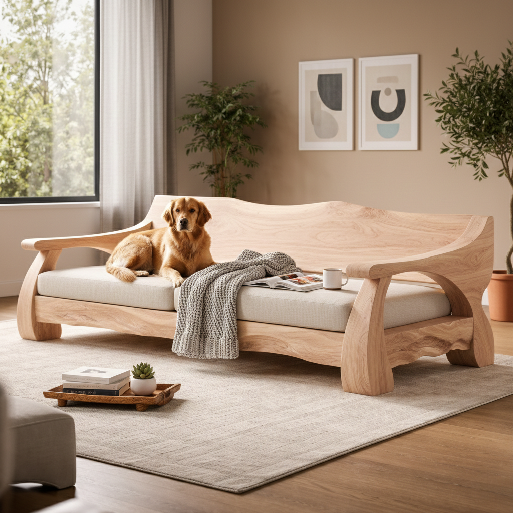 Handcrafted Solid Wood Sofa With Sculptural Frame And Cushions