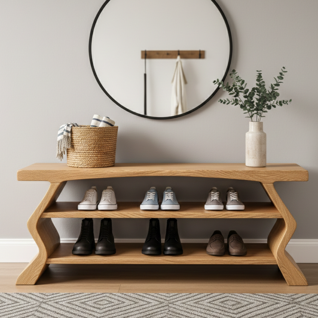 Sculptural Shoe Cabinet Entryway with Shoe Bench Design