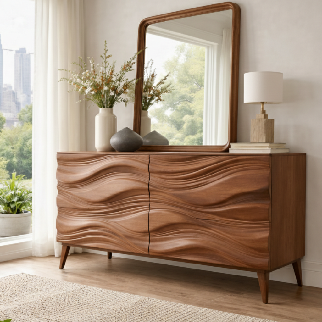 Sculptural Modern Cabinet with Flowing Wave Design and Sleek Legs