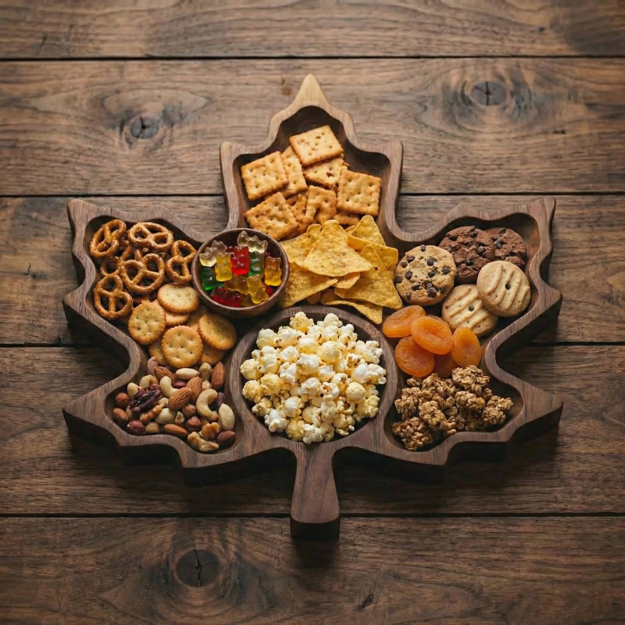 Handcrafted Solid Wood Serving Tray, Leaf Shaped Snack Platter