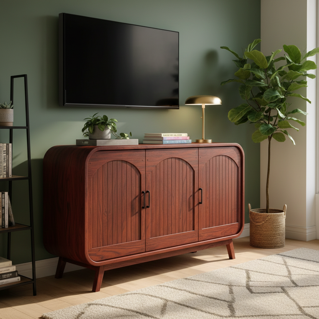 Mid-Century Modern TV Cabinet with Arched Doors and Spacious Storage