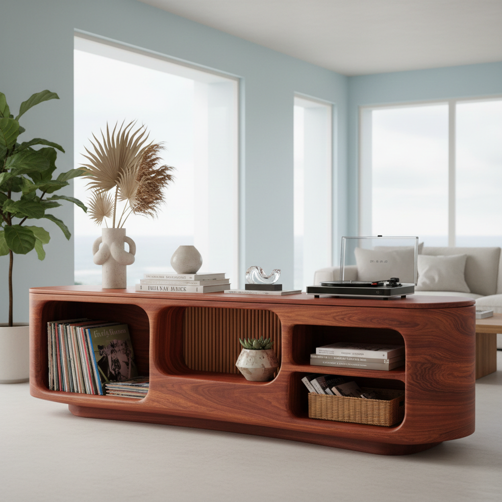 Modern Curved Wood Sideboard With Slatted Center Door & Open Shelves