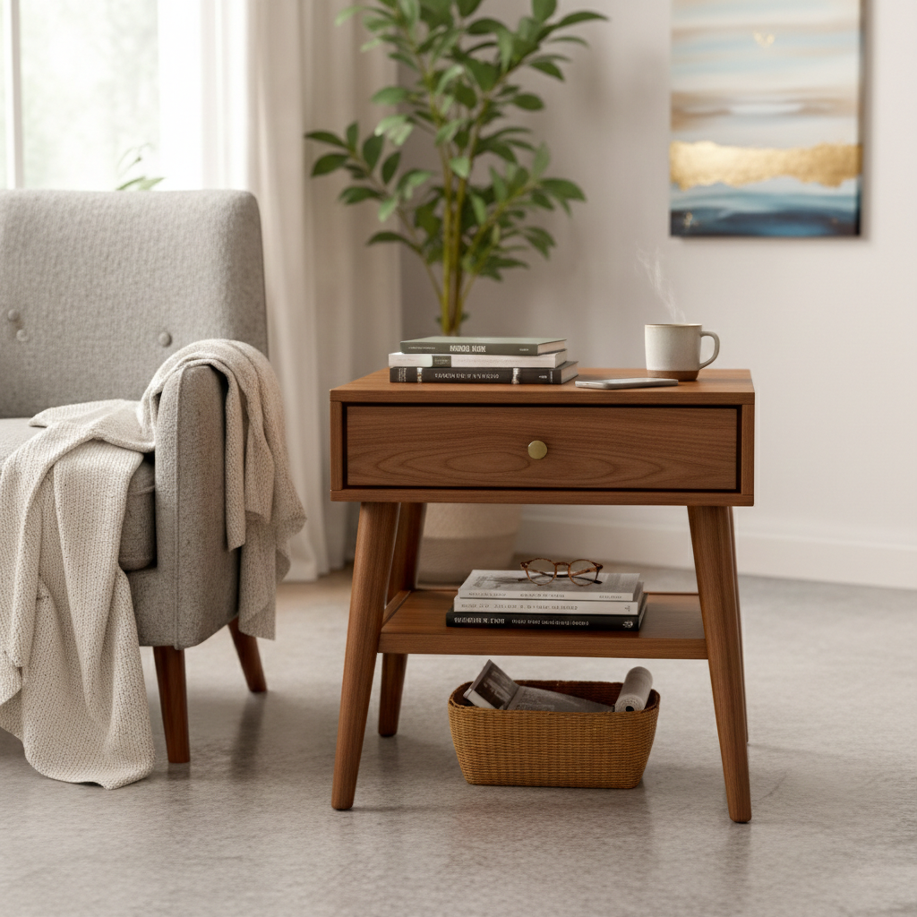 Handcrafted Solid Wood Side Table With Drawer and Open Shelf
