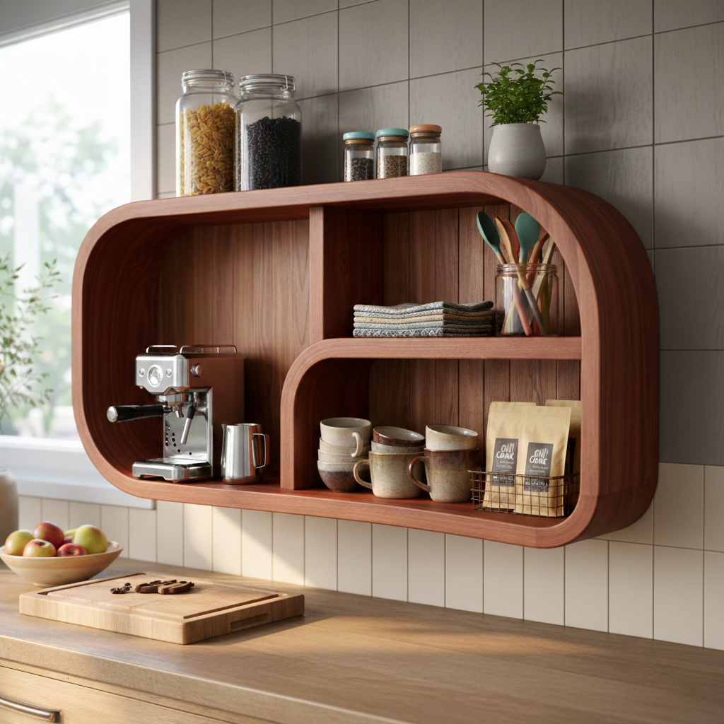 Curved Solid Wood Wall Shelf With Open Cubby Storage