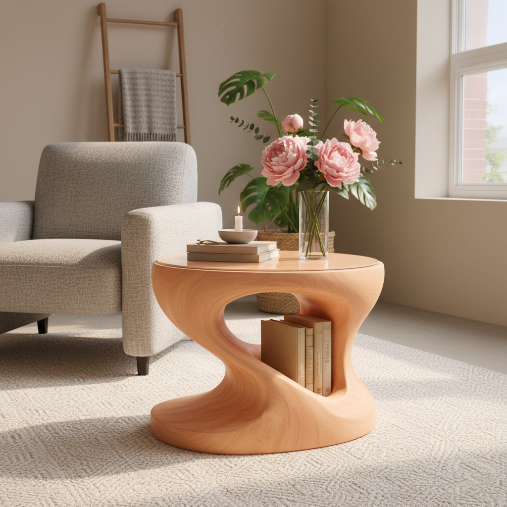 Handcrafted Solid Wood Side Table, Sculptural Organic Modern Accent