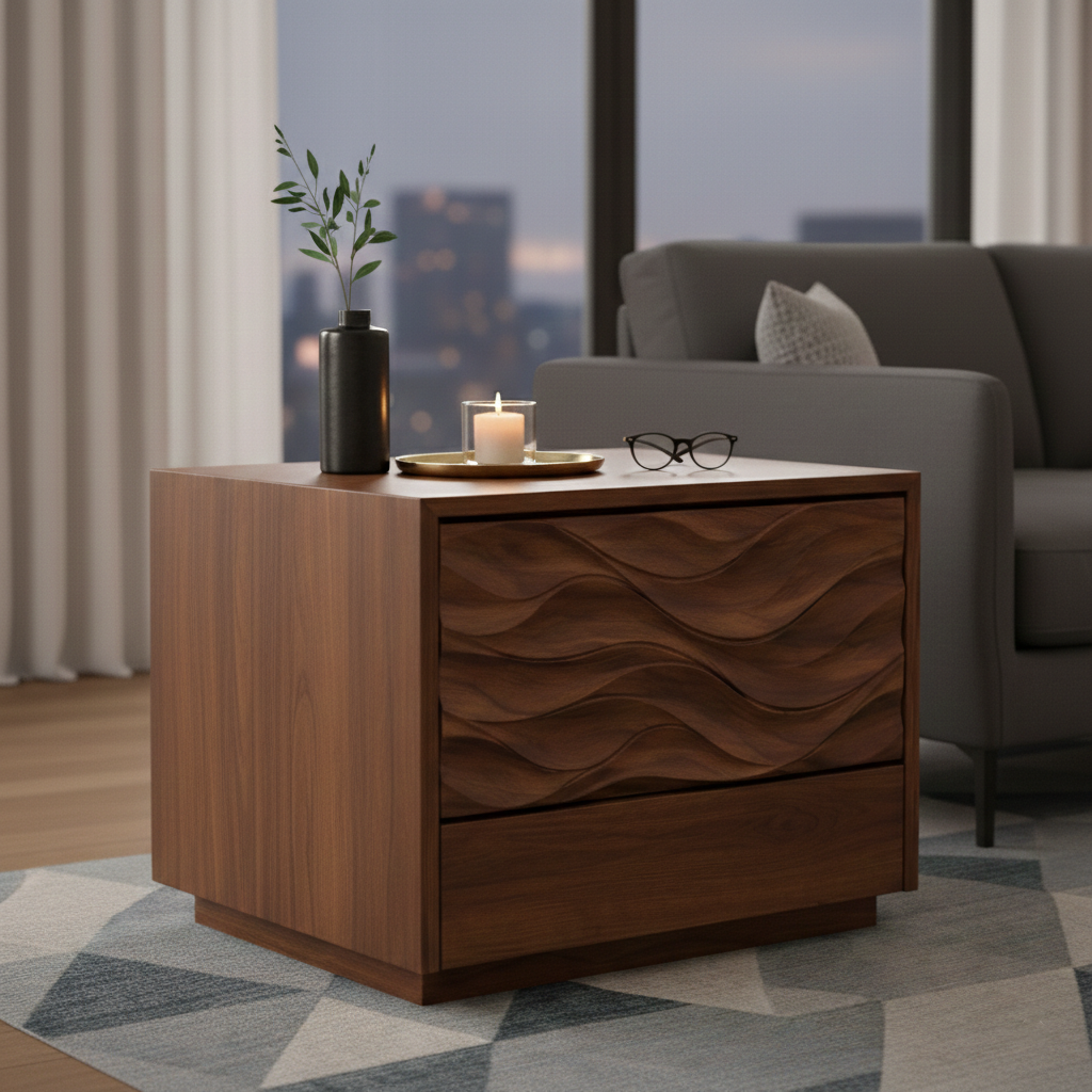 Handcrafted Solid Wood End Table Nightstand With Sculpted Wave Drawer
