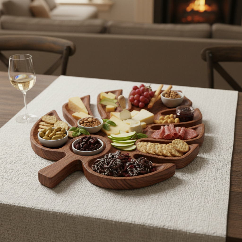 Leaf-Shaped Wooden Serving Tray With Carved Compartments