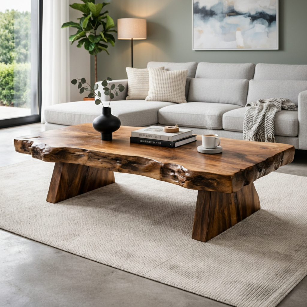 Live Edge Solid Wood Coffee Table With Sculptural Base