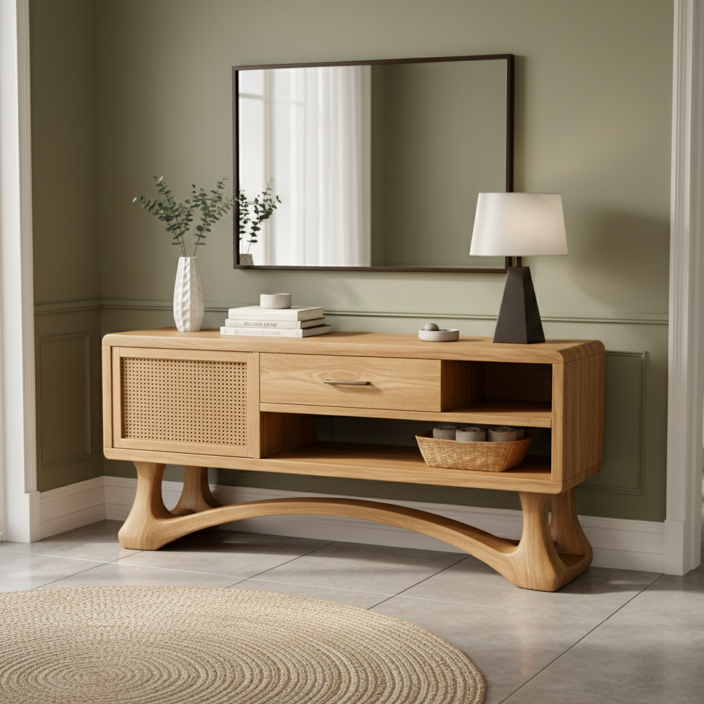 Modern Wooden Console Table with Cane Door and Sculptural Base