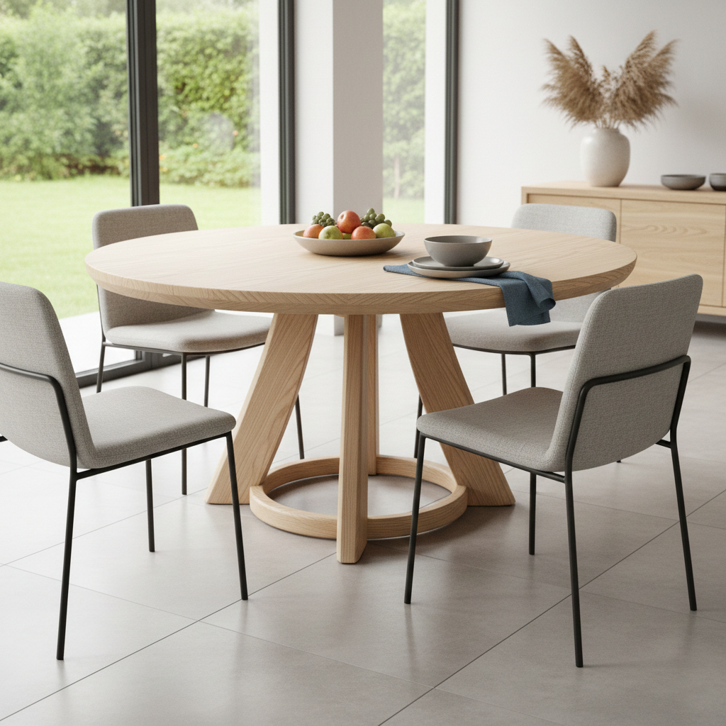 Modern Solid Wood Round Dining Table, Sculptural Pedestal Base