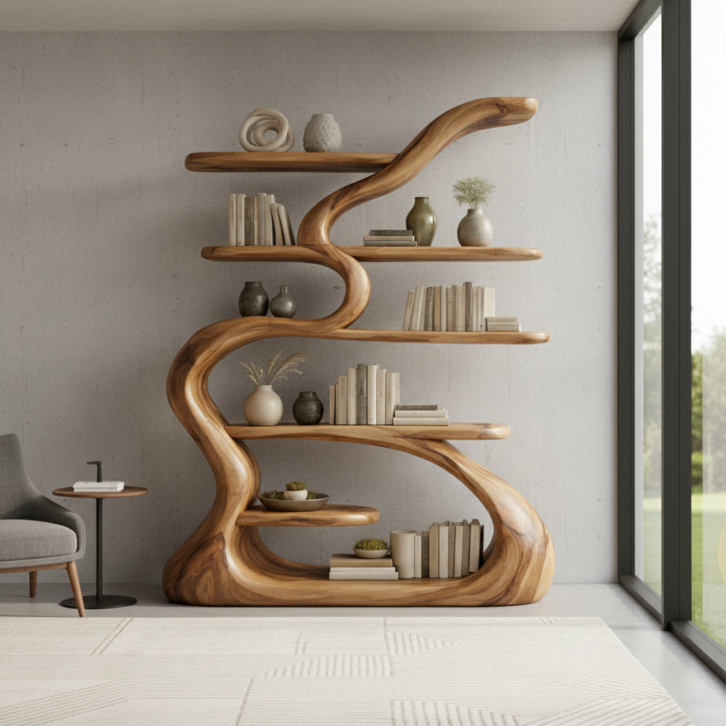 Sculptural Solid Wood Bookshelf With Organic Flowing Design