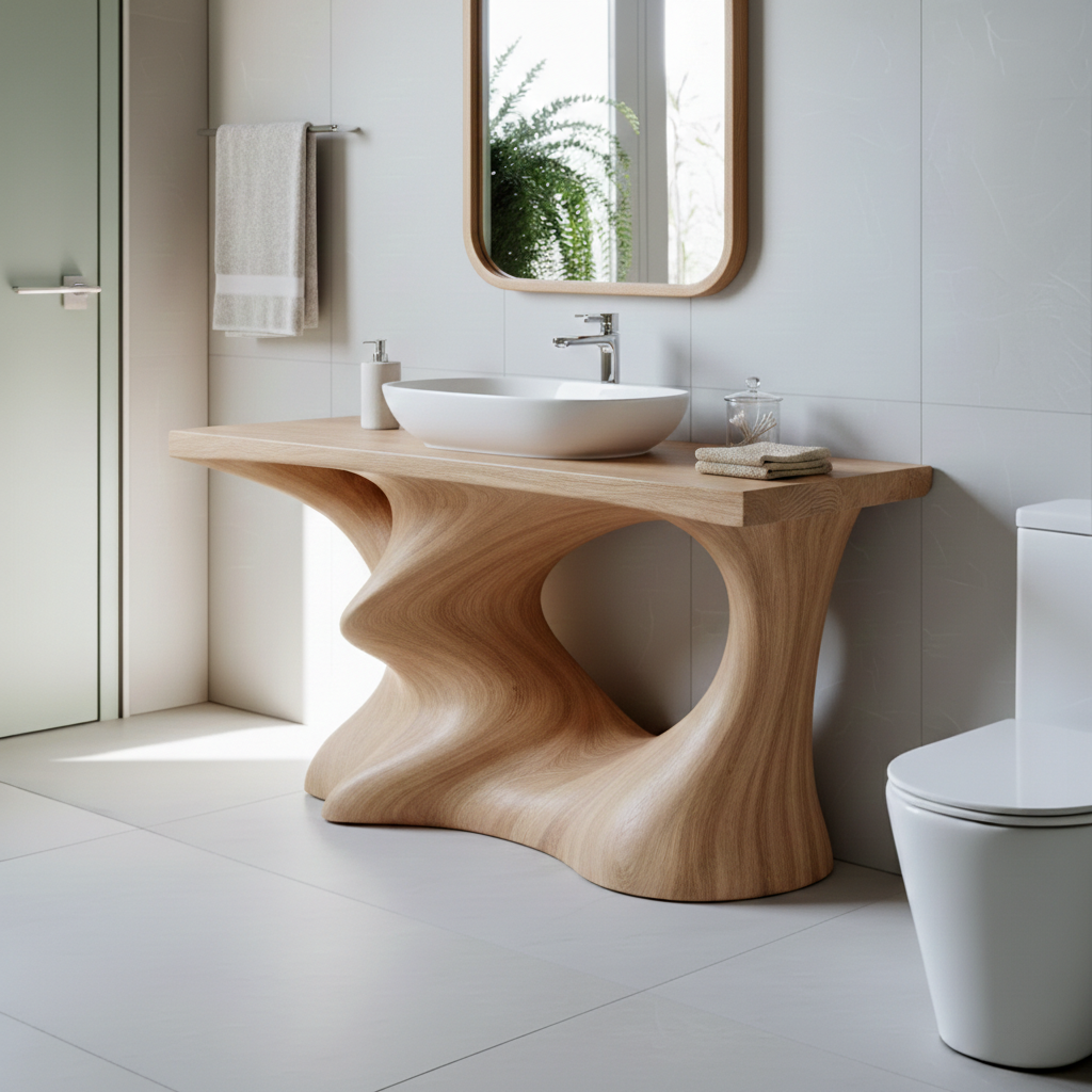 Organic Sculptural Vanity for Bathroom, Handcrafted Solid Wood Basin Stand