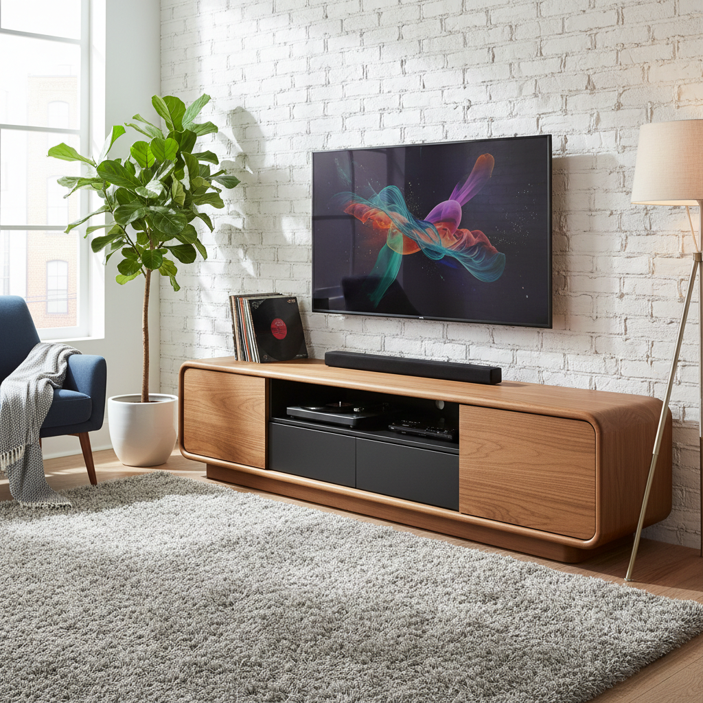 Artisan Handcrafted Solid Wood TV Stand With Curved Design and Storage