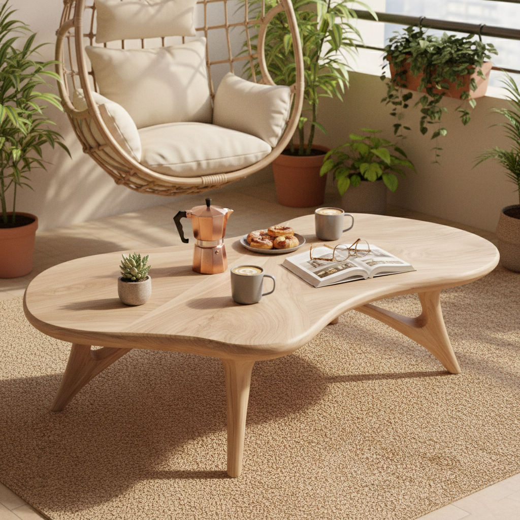 Handcrafted Solid Wood Coffee Table With Sculptural Curved Base