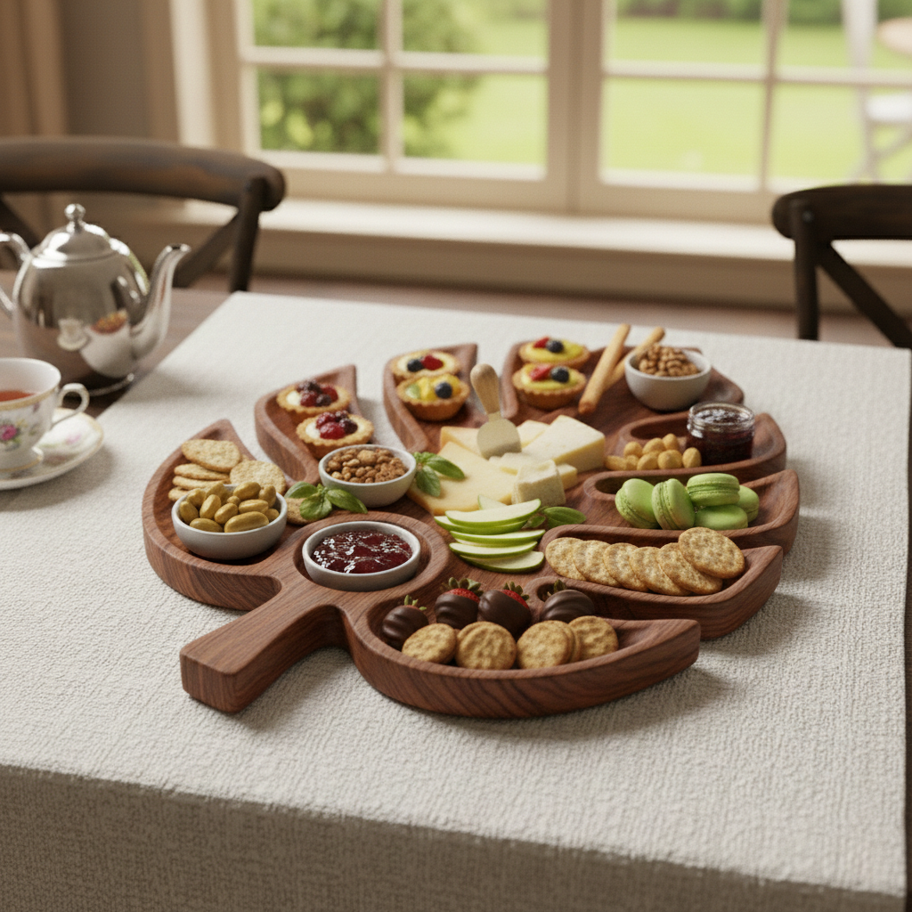 Leaf-Shaped Wooden Serving Tray With Carved Compartments