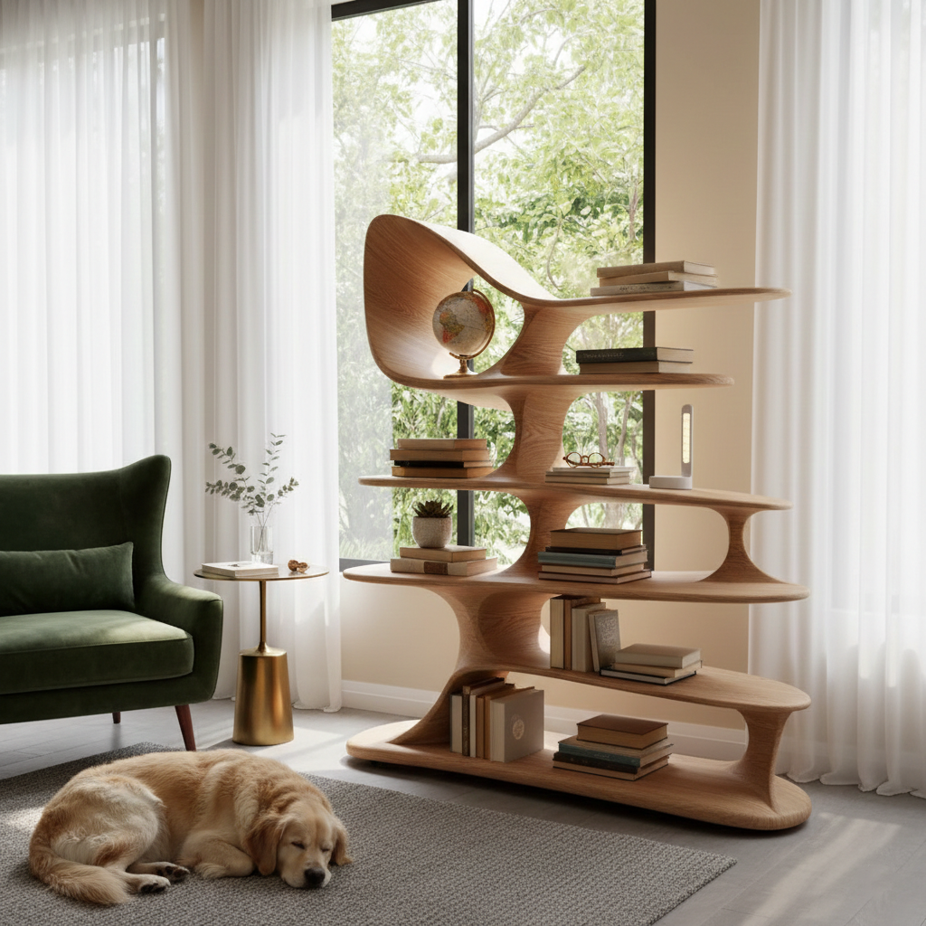 Modern Sculptural Standing Shelf With Organic Curves
